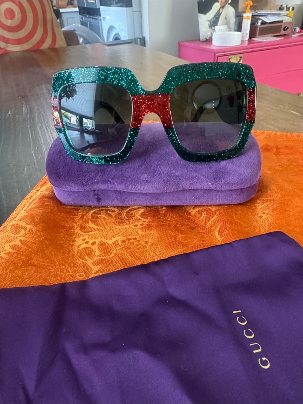 Gucci Glitter Oversized Square Sunglasses in Green and Red